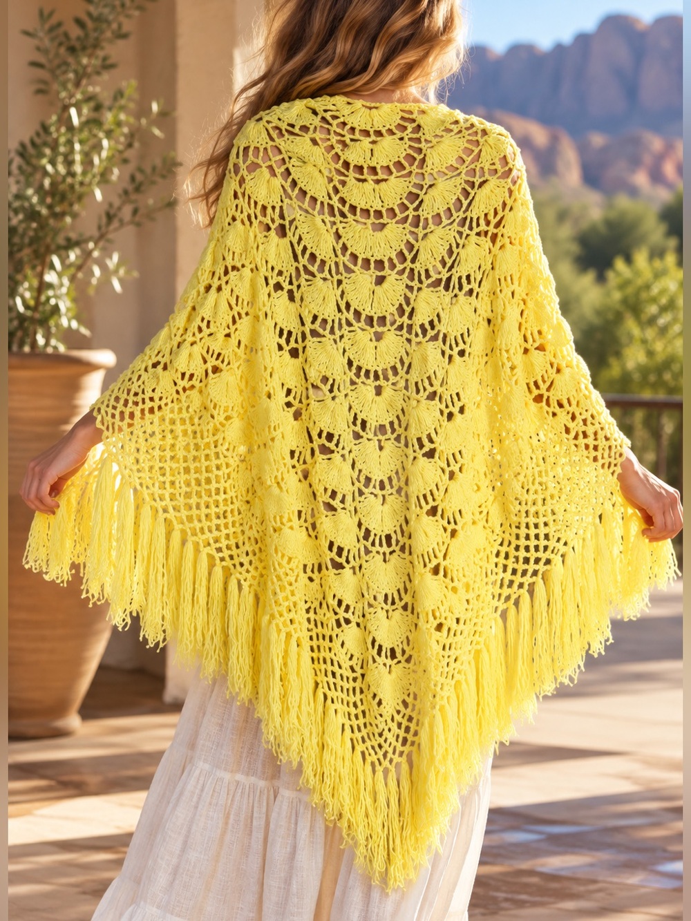 Handmade - Yellow Crochet Fringe Shawl Wrap